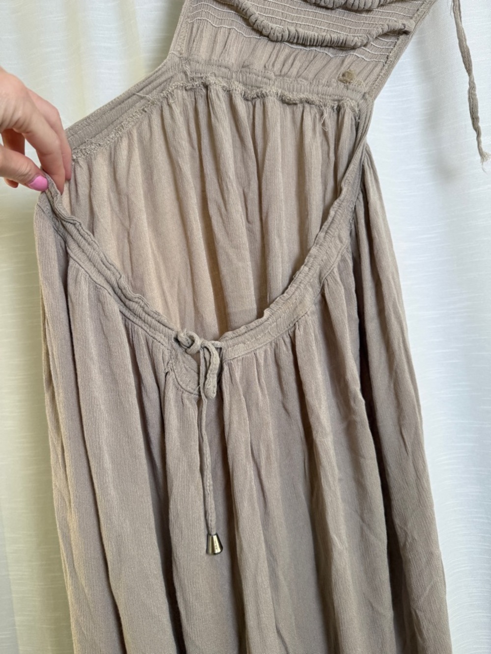 Beige Smocked Maxi Dress Boho Tiered Ruffle Strappy Back Flowy Summer | Size S - Picture 13 of 15